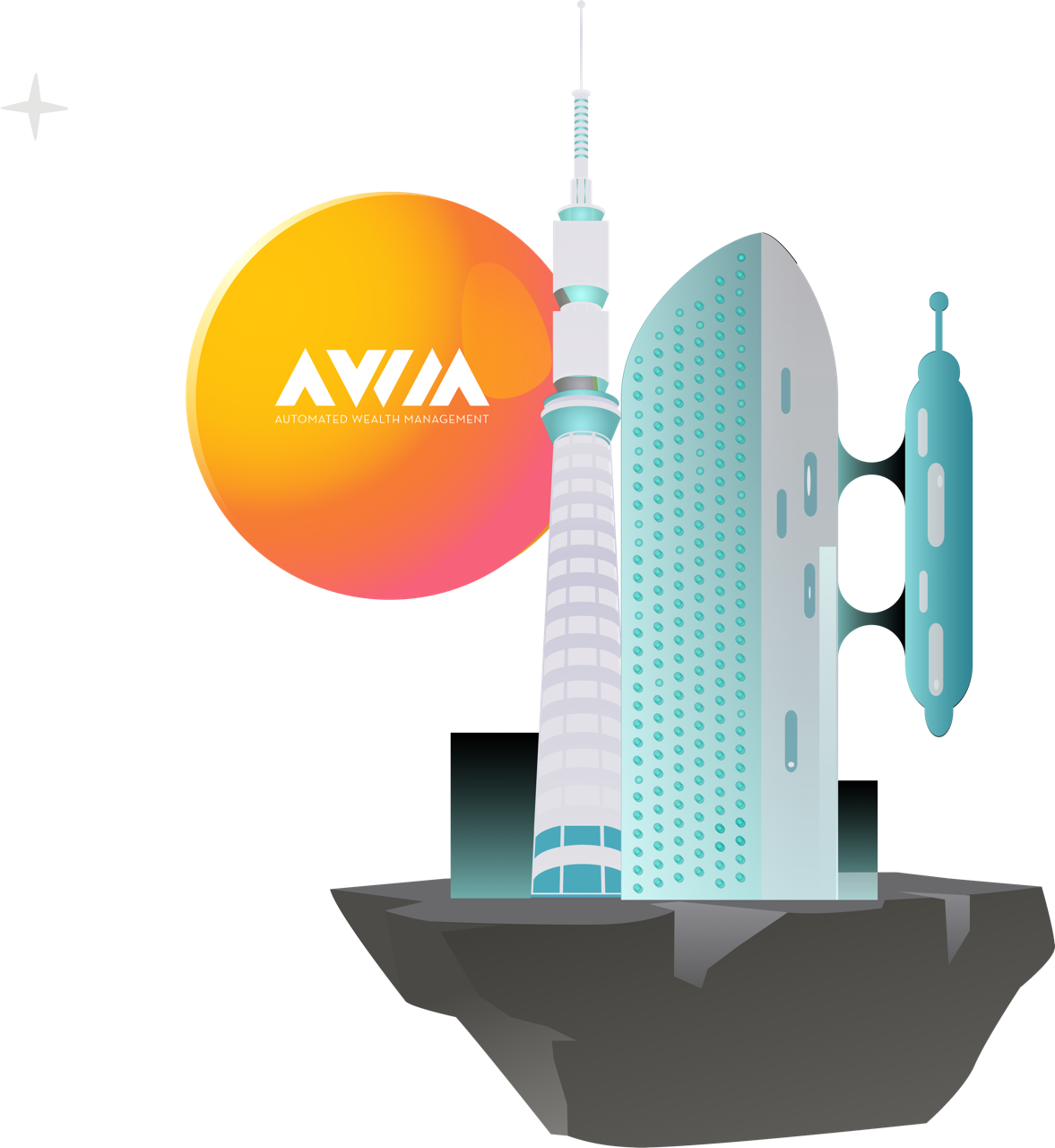 two buildings floating on a rock in space, with The-awm logo behind them